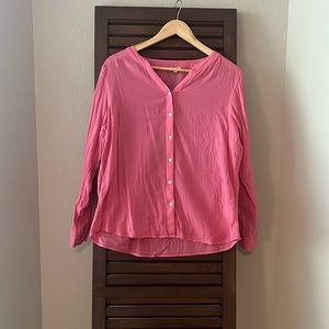 Pink, collarless button up blouse from Talbots, size Mp. 100% cotton.